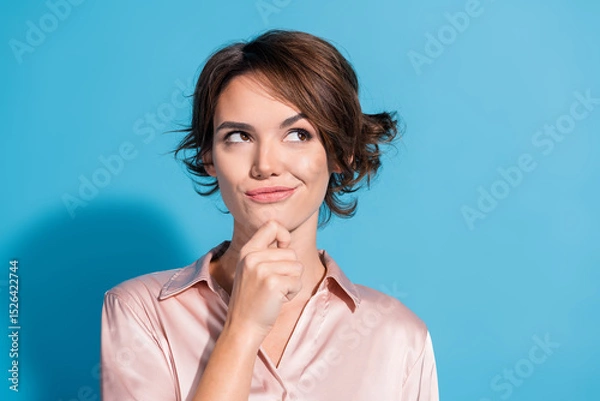 Fototapeta Confident young woman in satin pink blouse showcasing a thoughtful expression against a vibrant blue backdrop
