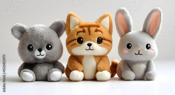 Obraz Adorable trio of plush animal keychains featuring a charming tabby cat, a cute brown and white dog, and a sweet grey bunny, neatly aligned on a clean white background