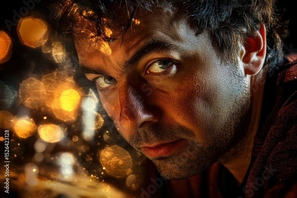 Obraz Intense Close-Up Portrait of a Man with Sparkling Bokeh Background