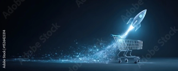 Fototapeta Futuristic Shopping Cart with Rocket Launching Into Space Illustrating Innovative E-commerce and Modern Retail Technology