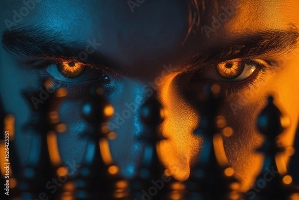 Obraz Intense Focus of Player with Chess Pieces in Dramatic Lighting
