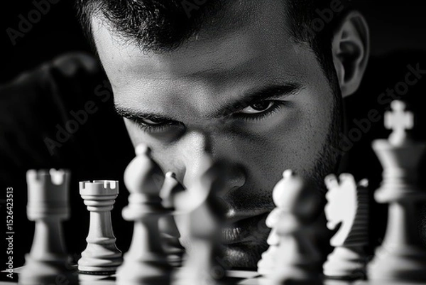 Obraz Intense Player Focused on Chess Game Strategy in Black and White