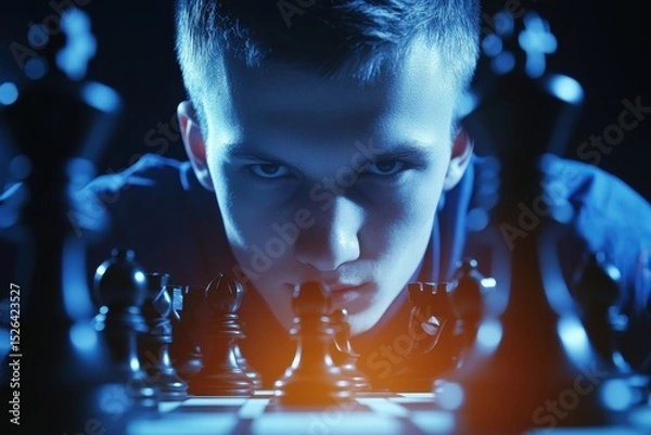 Obraz Intense Young Chess Player Concentrating on Game During Competition