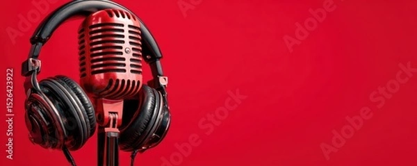 Fototapeta Vintage red microphone with black headphones on a bright red background, perfect for music, podcasting, and audio content creation