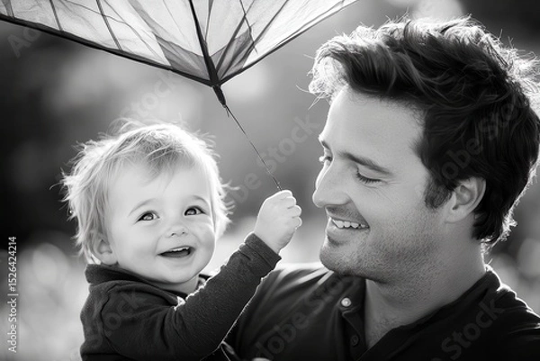 Obraz Joyful Moment Between Father and Baby Under Umbrella Black and White