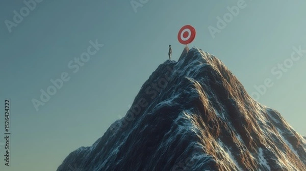 Fototapeta Individual Standing on Mountain Peak with Target Symbol Representing Goals and Aspirations in Nature's Serenity