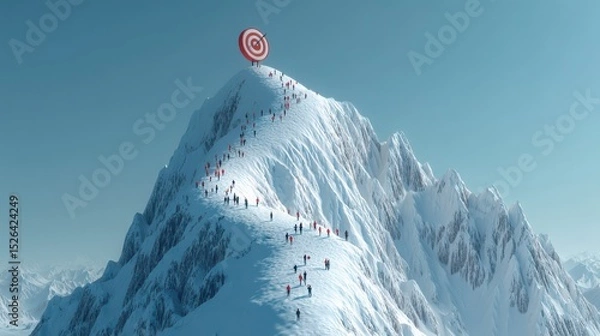 Fototapeta Climbers Ascend Snowy Mountain to Reach Target Goal at Summit in Clear Blue Sky, Symbolizing Ambition and Achievement