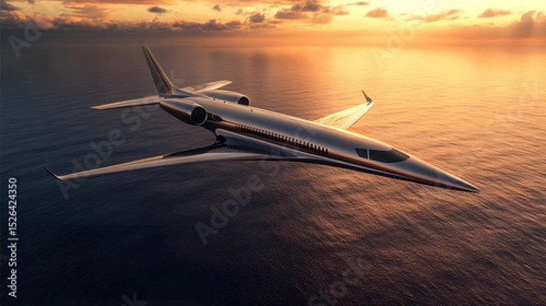 Obraz Private jet flying above ocean at sunset, luxurious travel concept. High-angle view of a silver airplane soaring over calm water during golden hour. : Generative AI