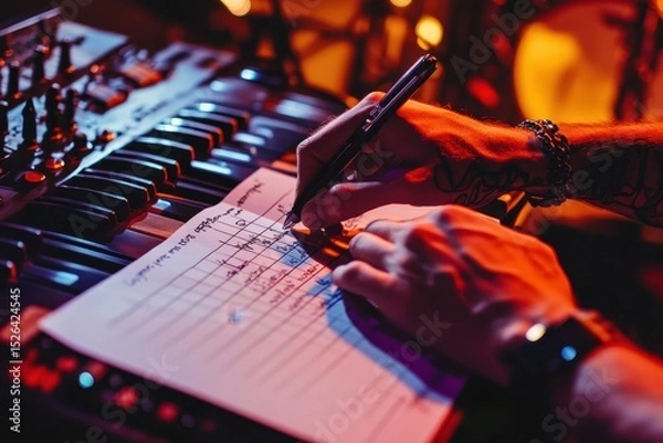 Obraz Musician Writing Notes on Sheet While Playing Keyboard Instrument