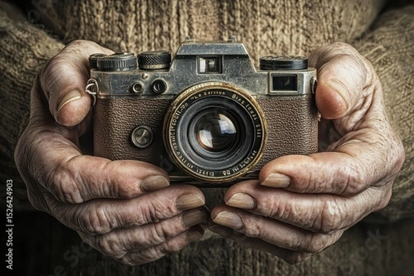 Obraz Old Vintage Camera Held by Weathered Hands with Detailed Texture