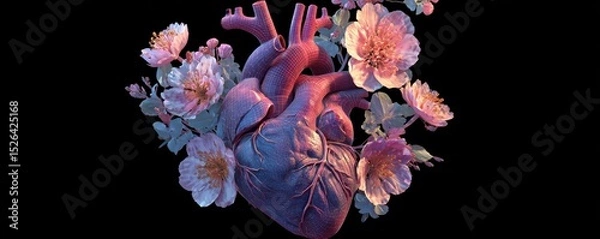 Fototapeta Anatomically Correct Heart Surrounded by Delicate Floral Arrangement in Vibrant Colors