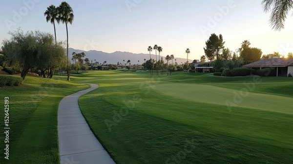 Fototapeta Serene Sunset Over a Lush Golf Course Surrounded by Palm Trees and Mountains in a Tranquil Setting