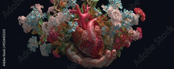 Fototapeta Realistic human heart surrounded by vibrant flowers in delicate hands, symbolizing life and regeneration, spiritual and emotional connection