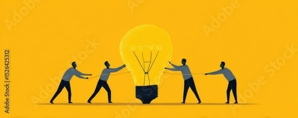 Fototapeta Teamwork and Collaboration in Business Concept with People Holding a Light Bulb on Yellow Background
