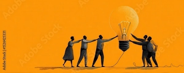 Fototapeta Collaboration and Creativity in Teamwork with Light Bulb Symbolizing Innovative Ideas Against Vibrant Orange Background