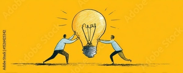 Fototapeta Two People Collaborating to Hold a Large Light Bulb Symbolizing Ideas and Innovation Against a Bright Yellow Background