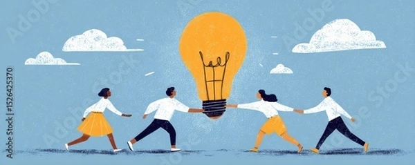 Fototapeta Group of Diverse People Collaborating to Lift a Bright Idea Light Bulb Against a Sky Background