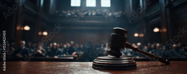 Fototapeta Wooden Gavel on Courtroom Table with Audience in Background, Symbolizing Justice and Legal Proceedings