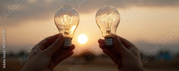 Fototapeta Two Hands Holding Light Bulbs Against a Beautiful Sunset Background in an Outdoor Setting