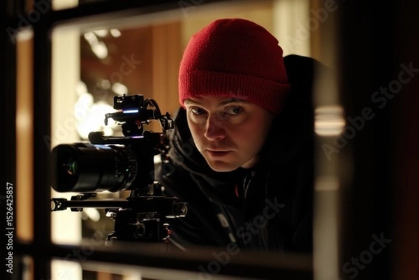 Fototapeta Photographer in Beanie Capturing Image with Camera Through Window