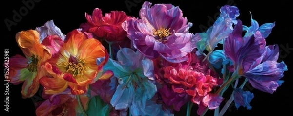 Fototapeta Vibrant Bouquet of Colorful Tulips and Peonies in Various Shades Against a Dark Background