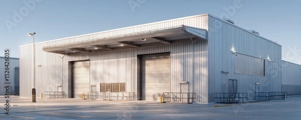 Fototapeta Industrial warehouse exterior with metal cladding, loading dock and clear blue sky in a modern urban environment