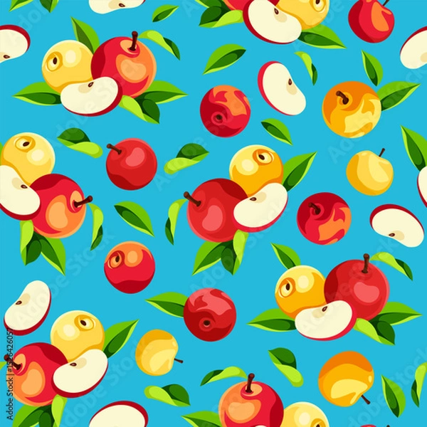 Obraz Seamless pattern with red and yellow apples and green leaves on a blue background. Vector fruit print