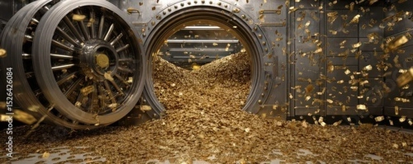 Fototapeta Abundant Gold Coins Flowing from Open Vault in a Secure Bank Environment