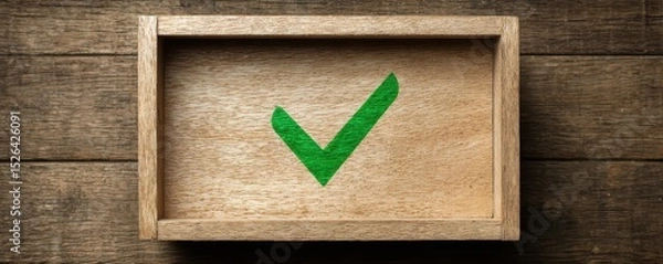 Fototapeta Green Check Mark on Wooden Background in a Simple Frame for Positive Reinforcement or Approval Concepts