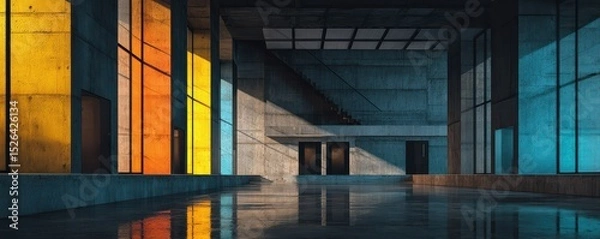 Fototapeta Modern Minimalist Interior with Colorful Glass Panels and Concrete Architecture in Contemporary Space