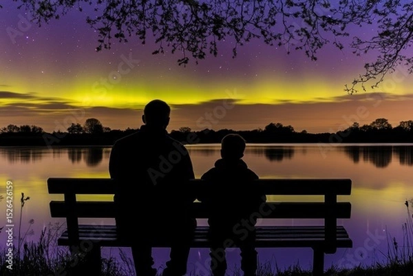 Obraz Serene Silhouette of Father and Son Overlooking Aurora Reflection