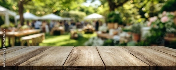 Fototapeta Rustic wooden table with blurred garden party background showcasing greenery and festive atmosphere in sunlight