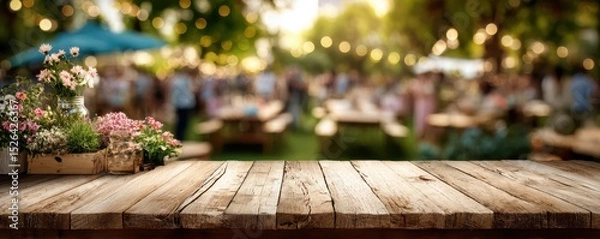 Fototapeta Rustic Wooden Table with Flowers in Front of a Vibrant Outdoor Summer Event at Dusk