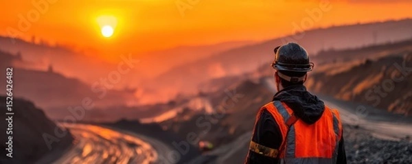 Fototapeta Construction Worker Observing Sunset in Open Pit Mine with Vibrant Colors and Dramatic Sky