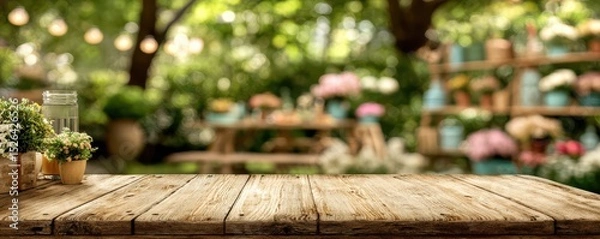 Fototapeta Beautiful Outdoor Garden Setting with Wooden Table, Greenery, Flowers, and Soft Lighting for Inspirational Design Projects