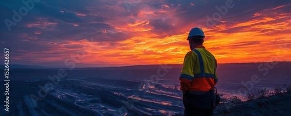 Fototapeta Worker in Safety Gear Observing Beautiful Sunrise Over Mining Site with Vibrant Colors in the Sky