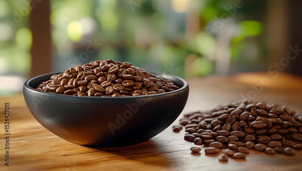 Obraz Instant granulated coffee in a black ceramic dish beside coffee beans isolated