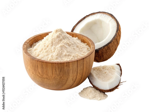 Obraz A wooden bowl of coconut flour with halved coconut isolated on a transparent background png