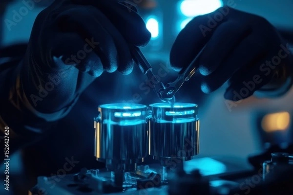 Fototapeta Close-up of Hands Using Tools on Scientific Equipment in Dark Lab