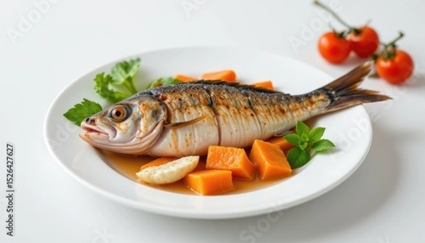 Fototapeta fresh seafood on a white plate, beautifully placed against a white background with soft blur, photographed in 4k resolution.
