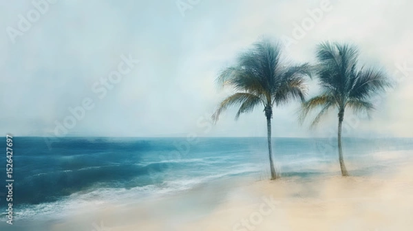 Obraz Unfocused blurred beach background with blue sea and palm trees