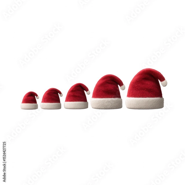 Fototapeta A collection of festive Santa hats in various sizes, perfect for holiday decorations. Ideal for Christmas-themed designs and seasonal illustrations.