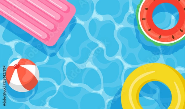 Fototapeta Summer pool party background. Inflatable toys, mattress and water surface. Flat vector illustration