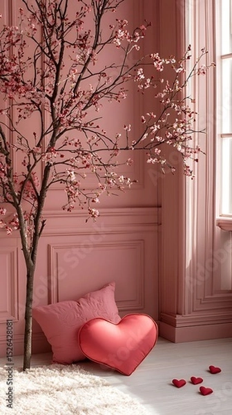 Obraz A pink themed room featuring a blossoming tree pillows and heart accents near a window frame