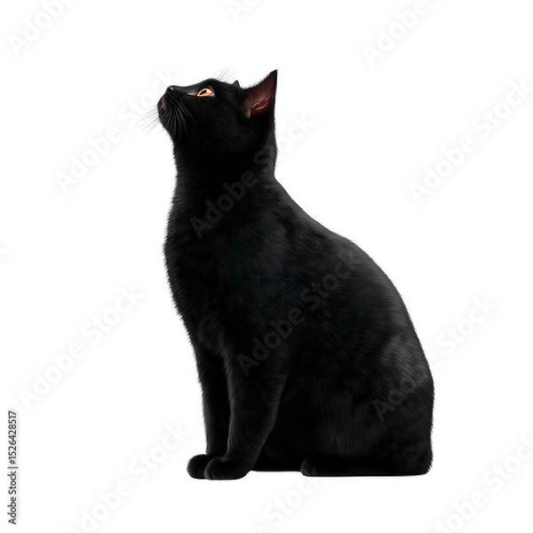 Fototapeta A curious black cat sitting gracefully, gazing upwards with alert eyes. The clean, white background emphasizes the cat's sleek silhouette and shiny fur.