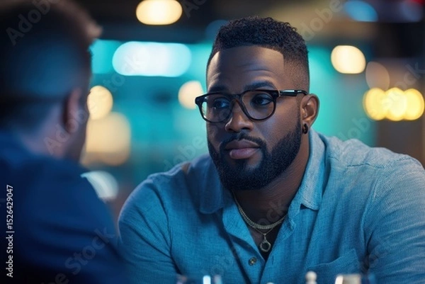 Obraz Thoughtful Man with Glasses Engaged in Conversation at Restaurant