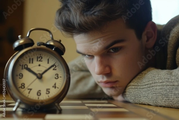 Obraz Young Man Contemplating Time with Chessboard and Alarm Clock Nearby