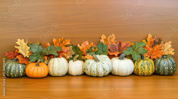 Obraz Festive Thanksgiving scene featuring row of assorted pumpkins and gourds in orange, white, and green, decorated with colorful autumn leaves on wooden surface, evoking warmth and celebration
