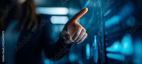 Obraz Closeup of confident businesswoman hand interacting with digital touchscreen interface, technology and innovation in modern office environment