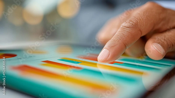 Obraz Closeup of executive businessman hands interacting with digital tablet displaying colorful bar graphs, representing data analysis and modern technology in professional setting